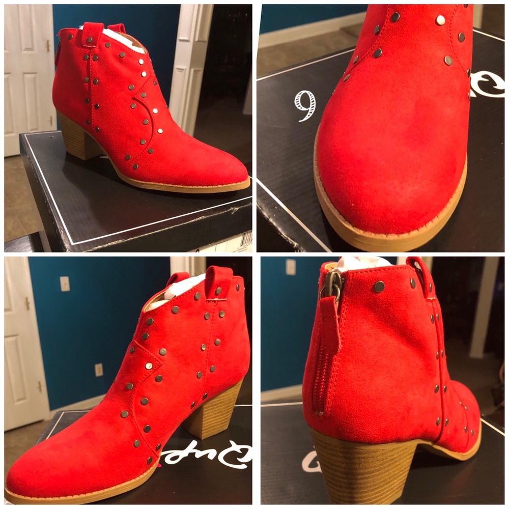 EUC Qupid Red Suede Studded Ankle Booties